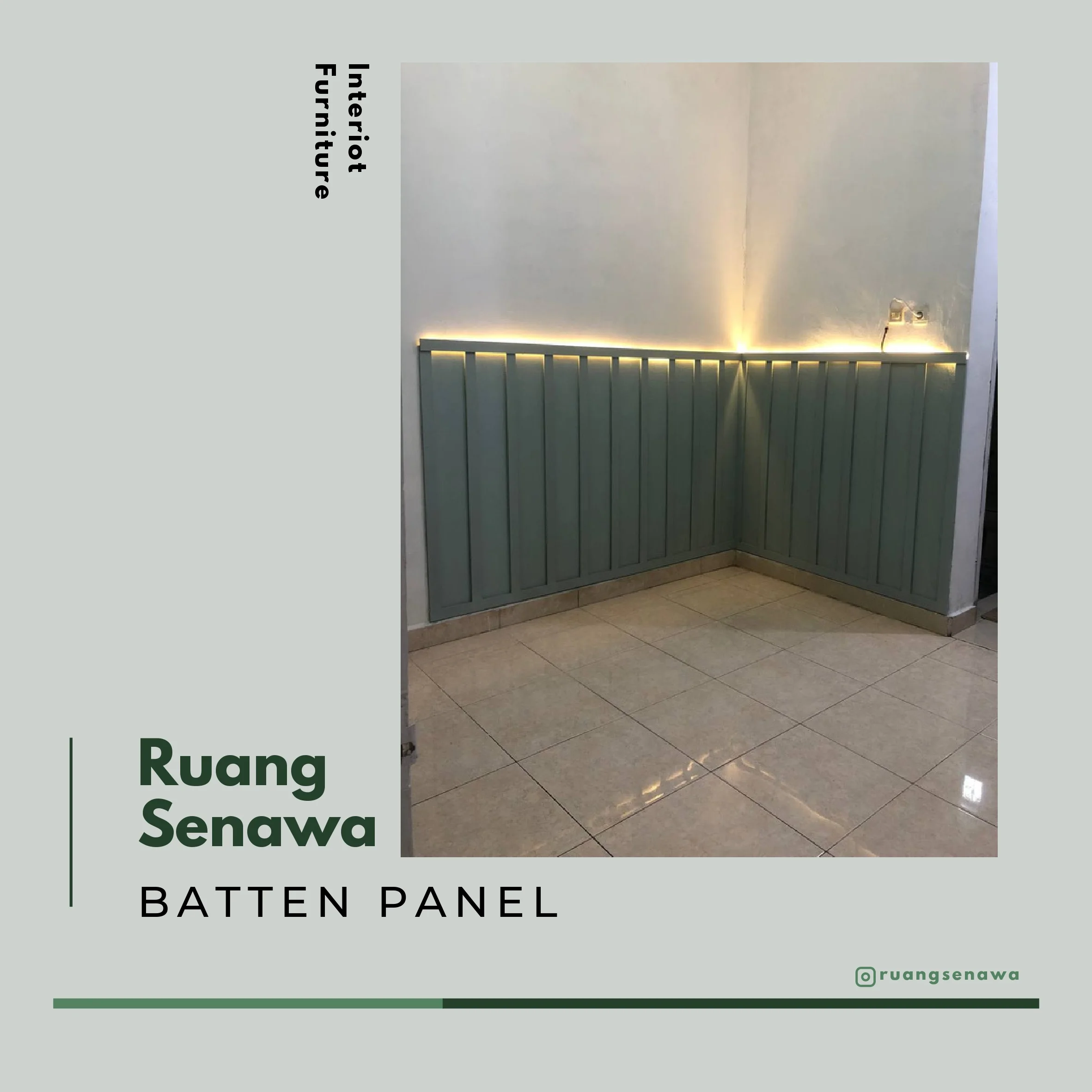 Pastel Green Half-Wall & LED Strip — Panel dinding setengah badan warna hijau pastel dengan lampu LED Kota Palu Ruang Senawa